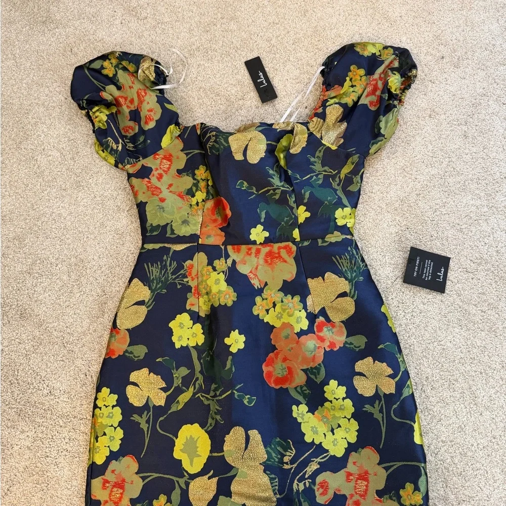 LULUS navy blue floral puff sleeve mini dress - Picture 6 of 6
